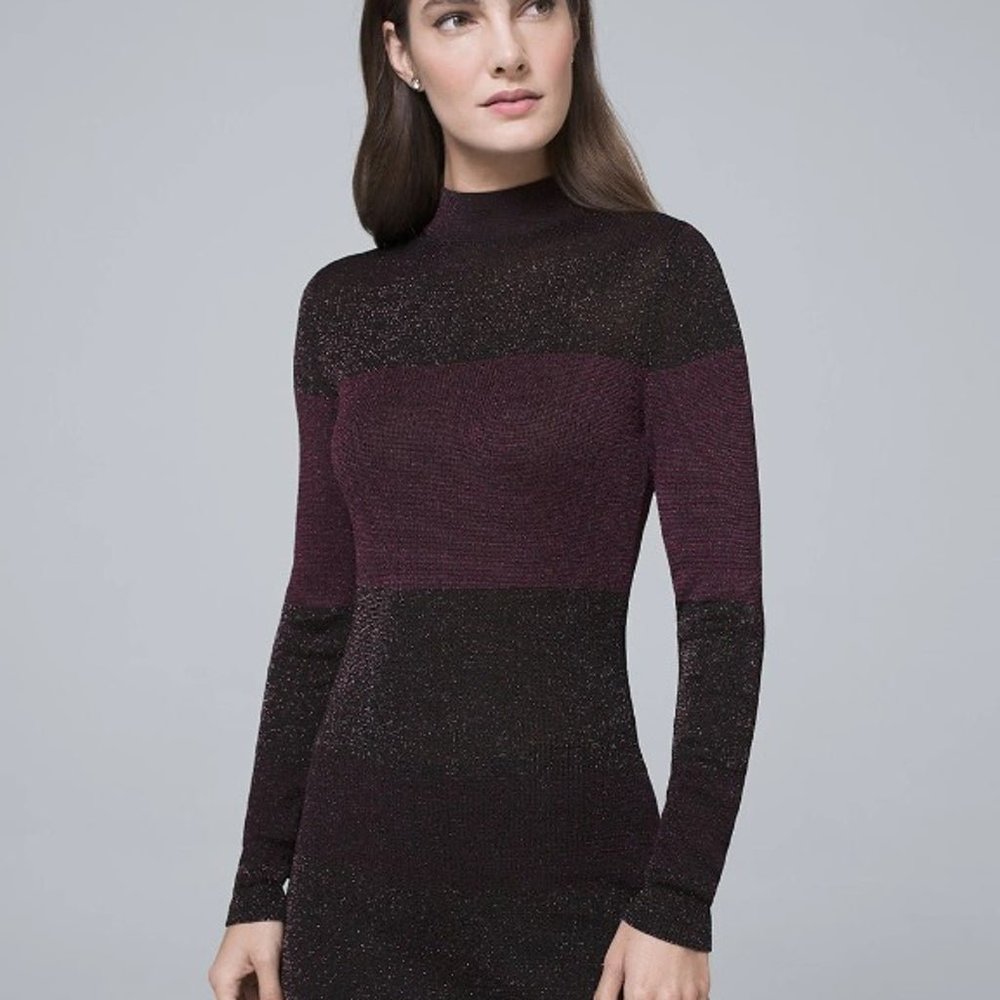 purple metallic colorblock long sleeve sweater mockneck tunic
